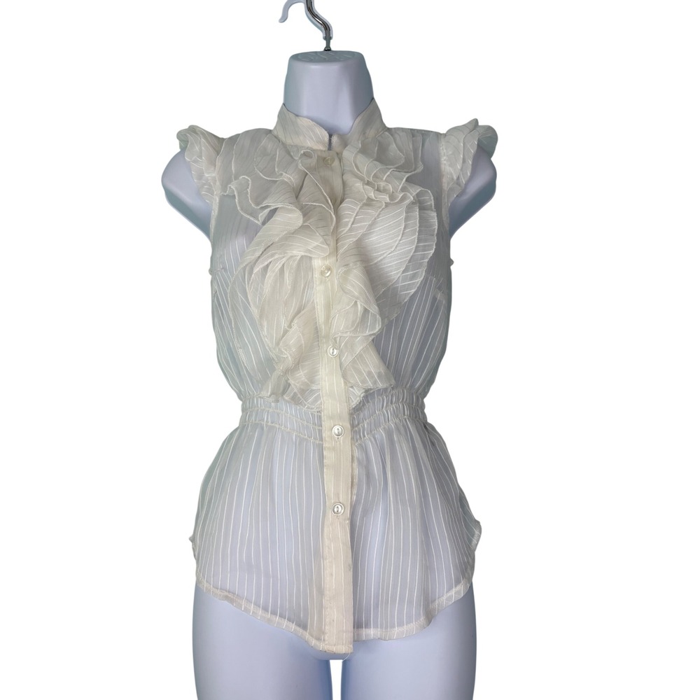 Paper Tee White Sheer Ruffle Front‎ Peplum Blouse Smocked Waist Small Coquette